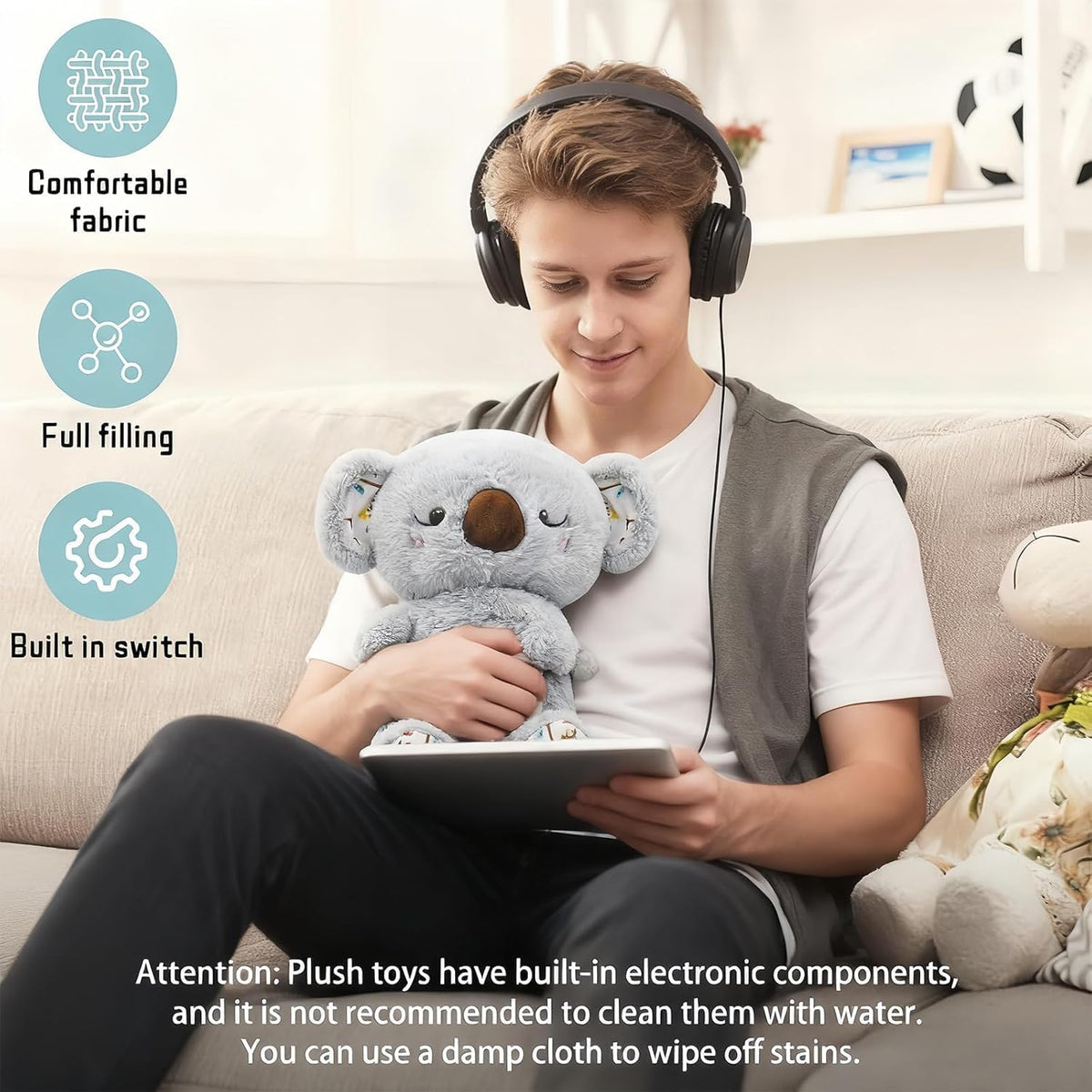 Breathing Stuffed Animal, Simulated Breathing Sounds, 4 Gear Adjustment, Volume Control, Plush Toy with Music & Light (Koala)
