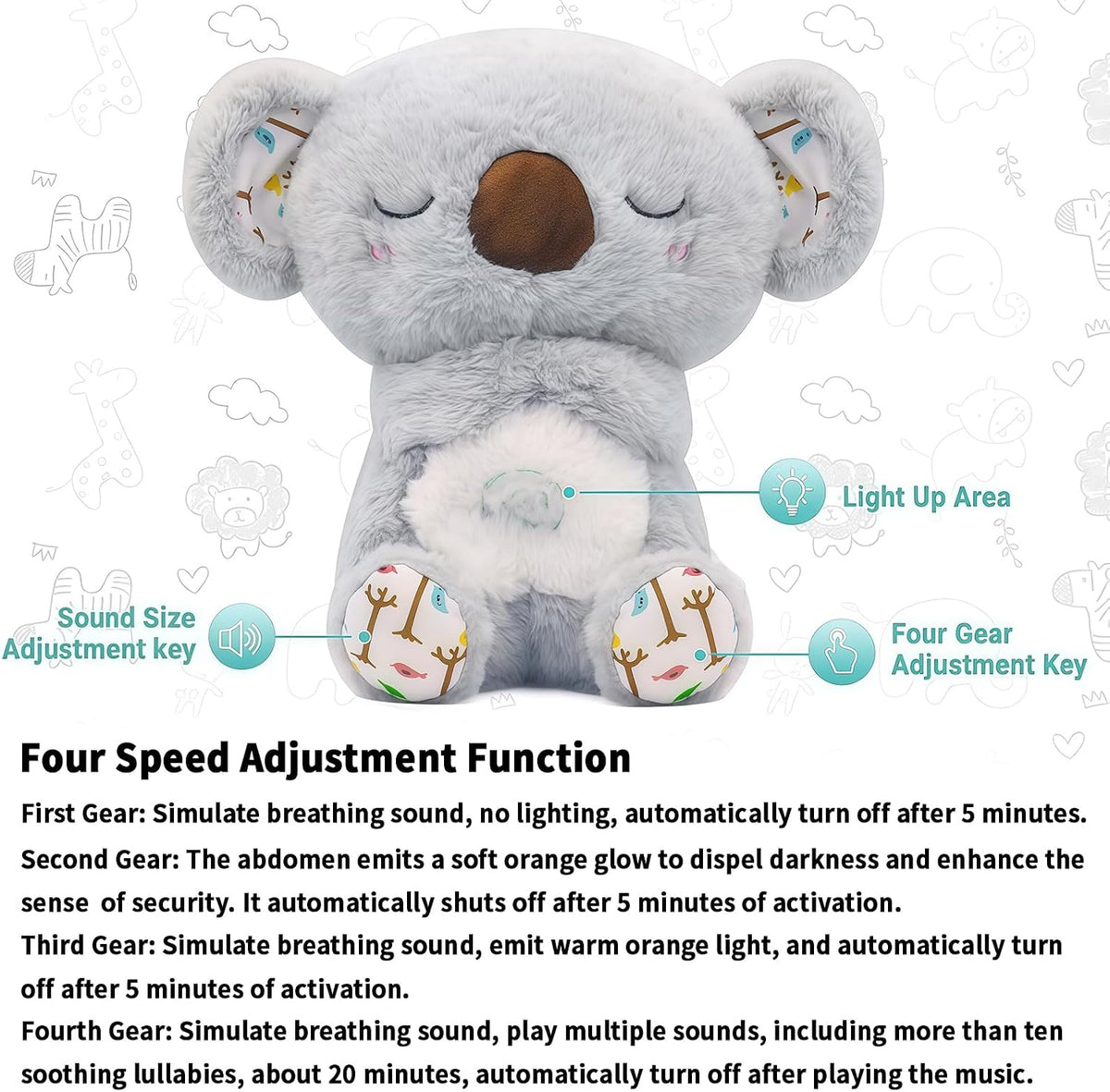 Breathing Stuffed Animal, Simulated Breathing Sounds, 4 Gear Adjustment, Volume Control, Plush Toy with Music & Light (Koala)