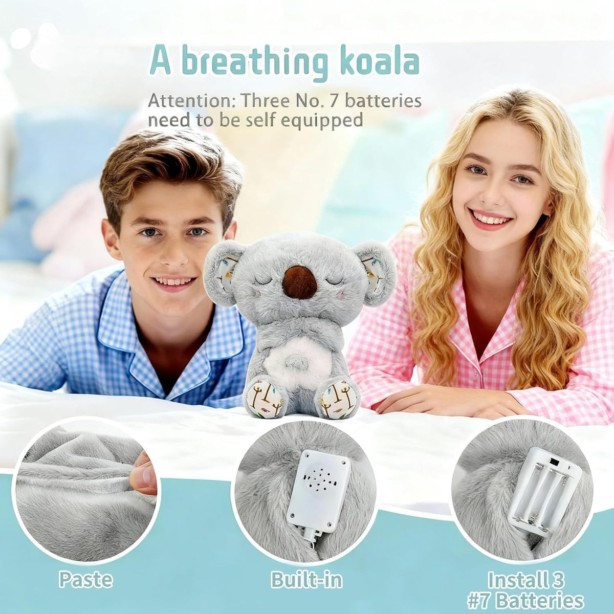 Breathing Stuffed Animal, Simulated Breathing Sounds, 4 Gear Adjustment, Volume Control, Plush Toy with Music & Light (Koala)